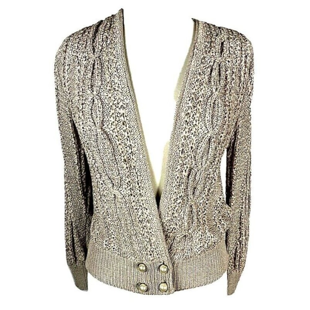 Vintage women's ribbon knit sweater with pearls & metallic 1970's Beige size M
